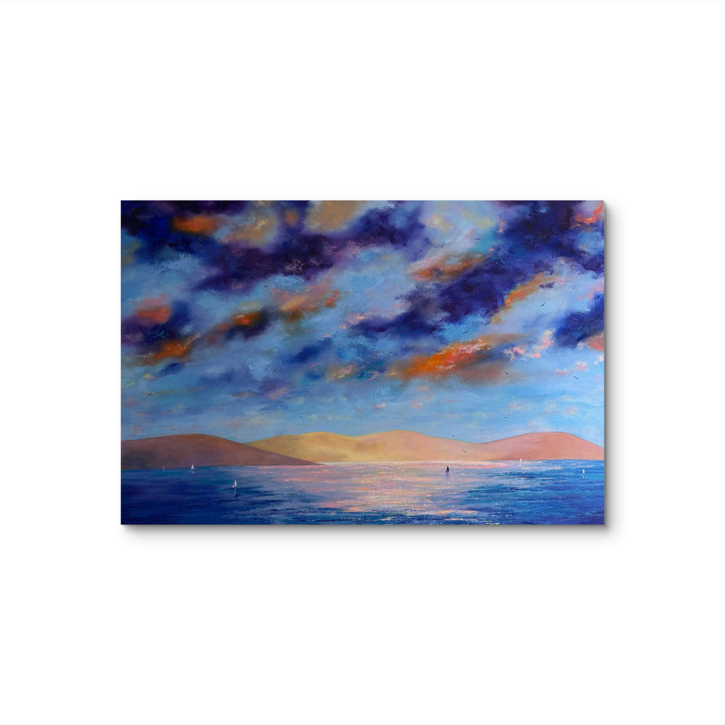 An abstract landscape painting on canvas featuring a dramatic blue and purple sky with orange highlights, distant hills, and a reflective blue sea, shown against a plain white background.