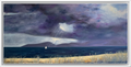 Original oil Painting of a sailboat on a body of water with a dramatic stormy sky. With a beach in the foreground. framed in white wooden float frame. Sold unframed. 