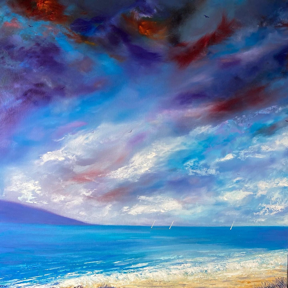 An impressionistic painting of a dramatic blue ocean under a cloudy sky with purple, red, and white tones, with a small sailboat on the horizon and a sandy shore at the bottom.