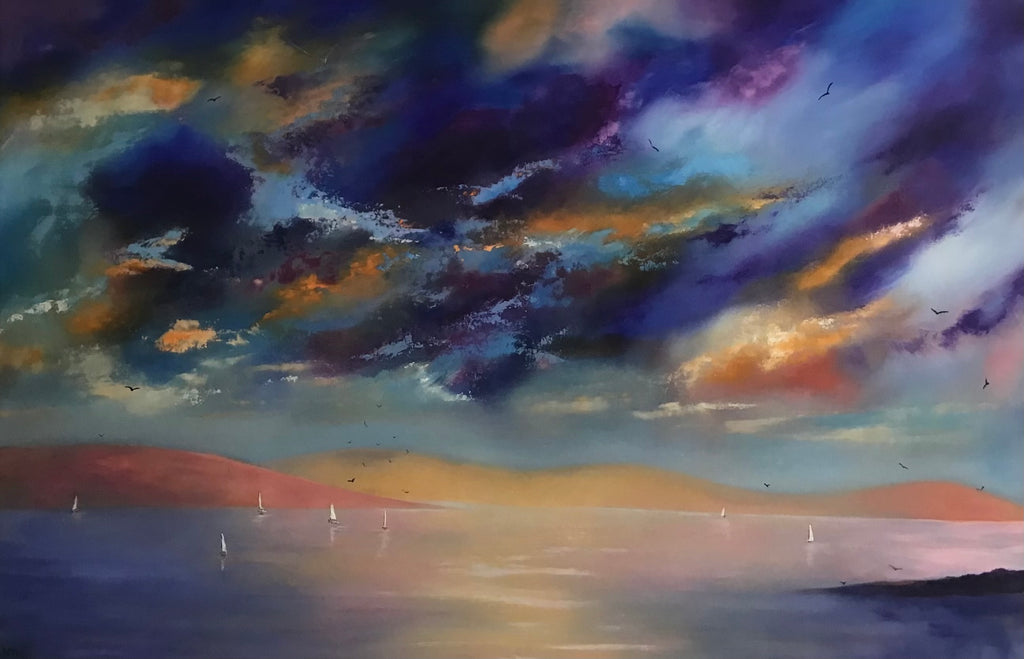 An original expressive impressionistic landscape oil  painting of a dramatic seascape under an evening sky. The scene features dark, swirling clouds in shades of deep blue, purple, and orange, reflecting over a calm sea with small sailboats and distant pinkish hills.