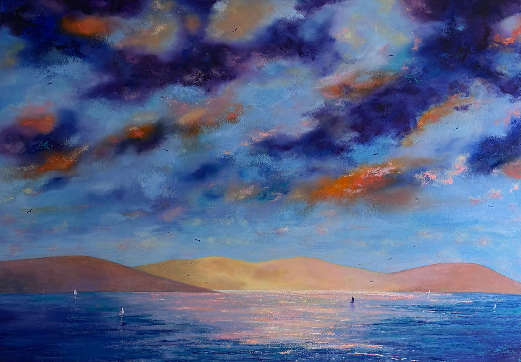 An impressionistic landscape painting of a seascape under a dramatic cloudy sky. The scene features deep blue and purple clouds with warm orange and gold highlights, a pale sandy shoreline, and a deep blue sea reflecting the sky's colors.