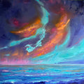 An impressionistic original oilpainting of a dramatic aurora-like sky over water, with swirling bands of teal, blue, purple, pink, and orange, and a dark starry sky above.
