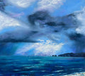 An original expressive impressionistic oil painting of a dramatic seascape with deep blue ocean, dark storm clouds, and bright blue sky with light rays breaking through.
Also available as a print or card. 