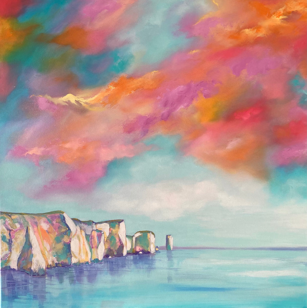 An original expressive impressionistic oil painting of a coastal scene with dramatic pink, orange, purple, and teal clouds over a calm blue sea and pale cliffs.